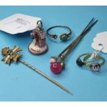A Sherwood Foresters sweetheart stick pin, an enamel fob, a dog by a kennel, FIDELLE, and other