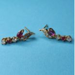 A pair of yellow gold, ruby and diamond earrings