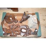 An early 20th century carved oak wall mount, in the form of a deer, and various other carved