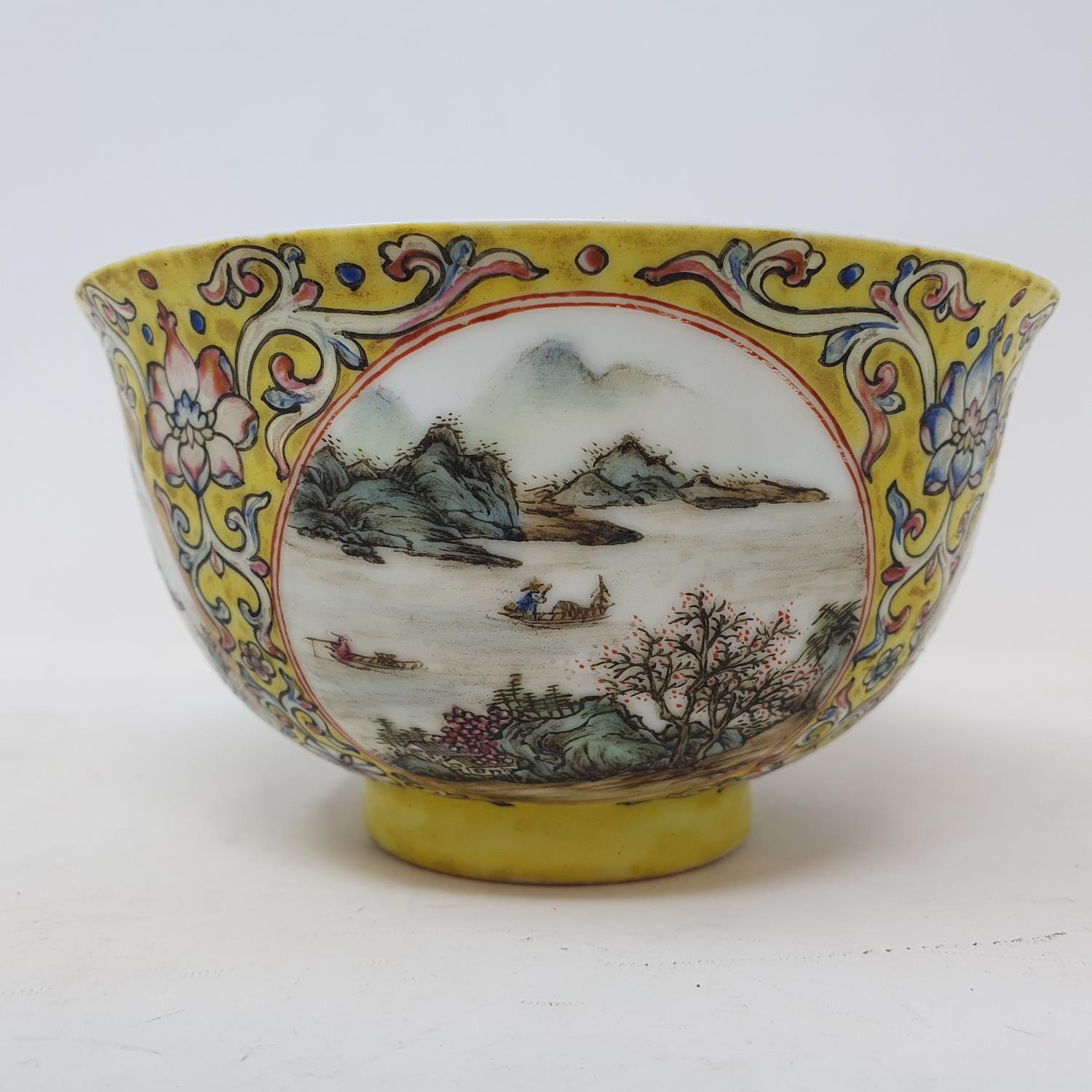 A Chinese porcelain medallion bowl, decorated vignettes of mountain scenes on a yelllow ground - Image 5 of 6