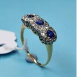 An 18ct gold, sapphire and diamond triple flowerhead cluster ring, approx. ring size T½