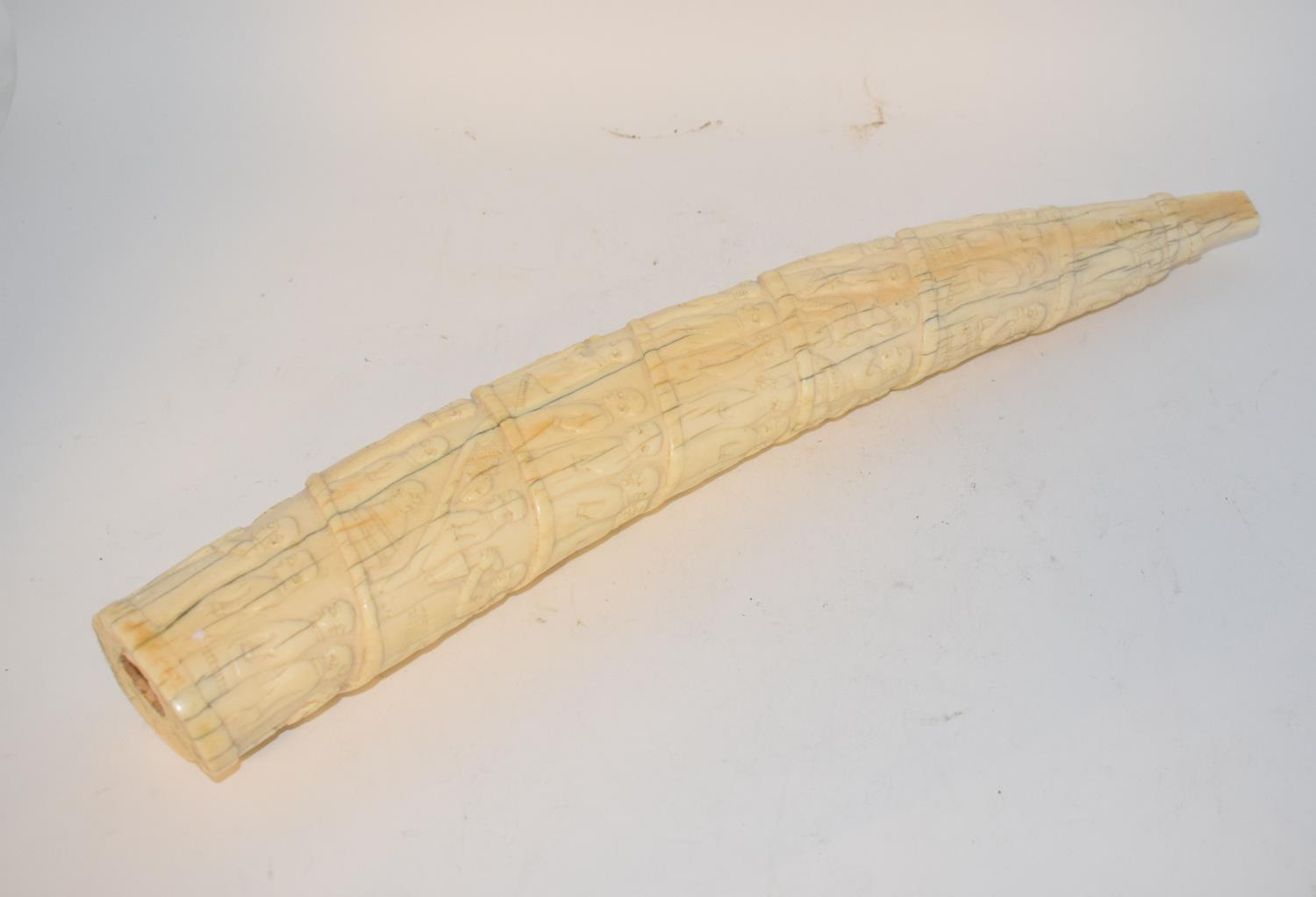 A late19th/early 20th century Congolese ivory tusk, carved figures in a procession, 44 cm cracks - Image 2 of 4