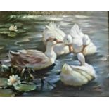 Gerhard Merfort (German, b.1927), four ducks on a pond, oil on board, signed lower right,