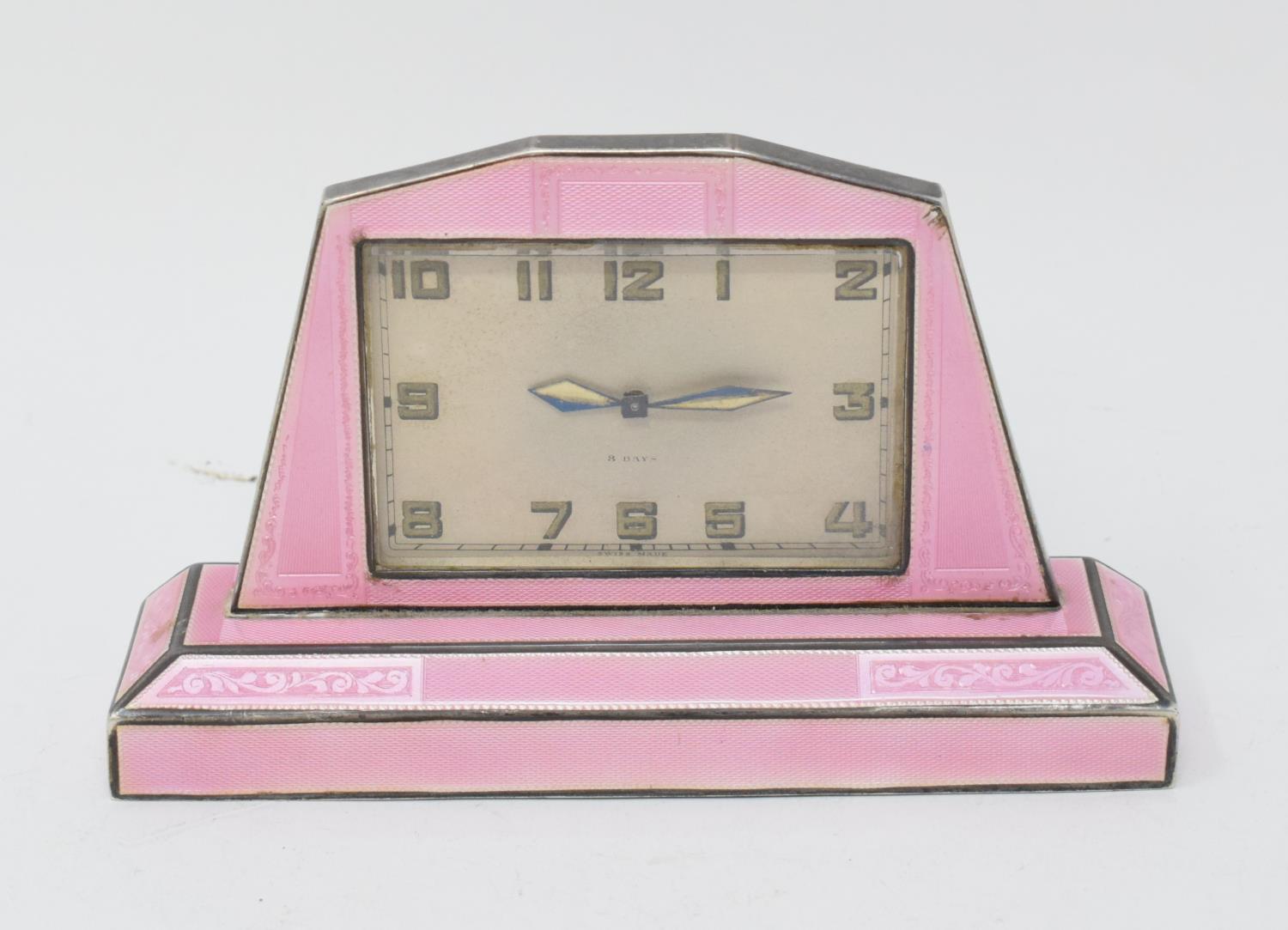 An Art Deco silver and pink enamel clock, with Arabic numerals, Birmingham 1933, very slight loss,