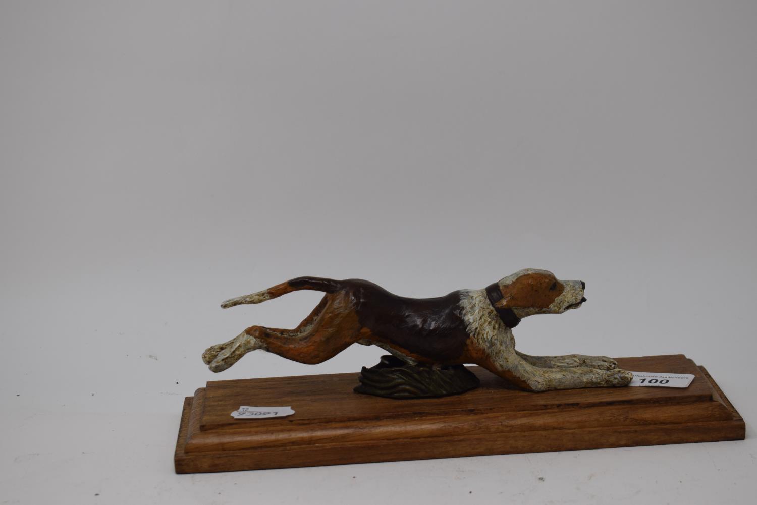 A painted bronze running dog paperclip, on an oak base, 28 cm wide Report by RB Modern - Image 3 of 3