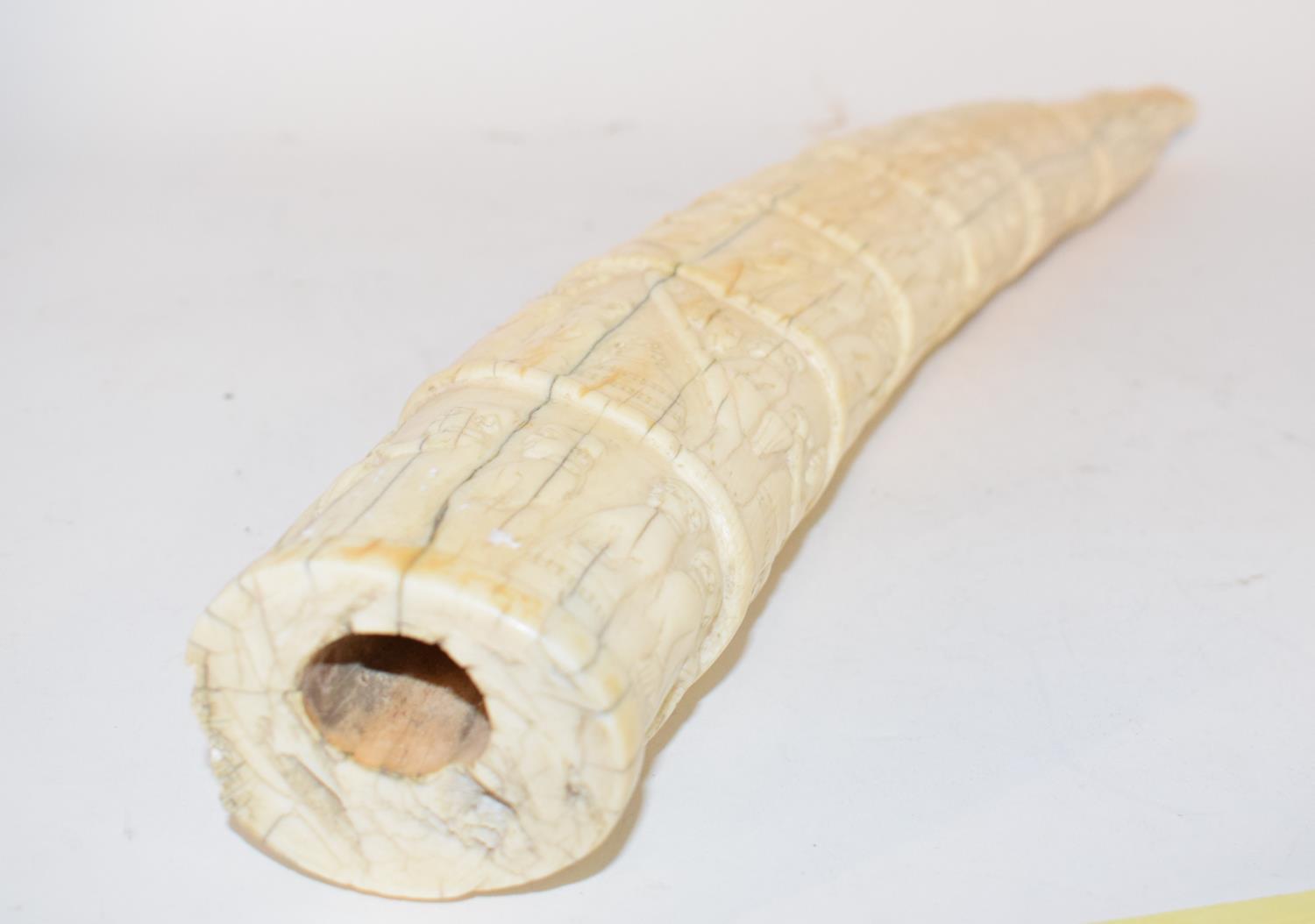 A late19th/early 20th century Congolese ivory tusk, carved figures in a procession, 44 cm cracks - Image 3 of 4