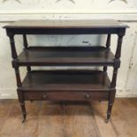 A walnut three tier buffet, with a drawer to the lower section, 91 cm wide