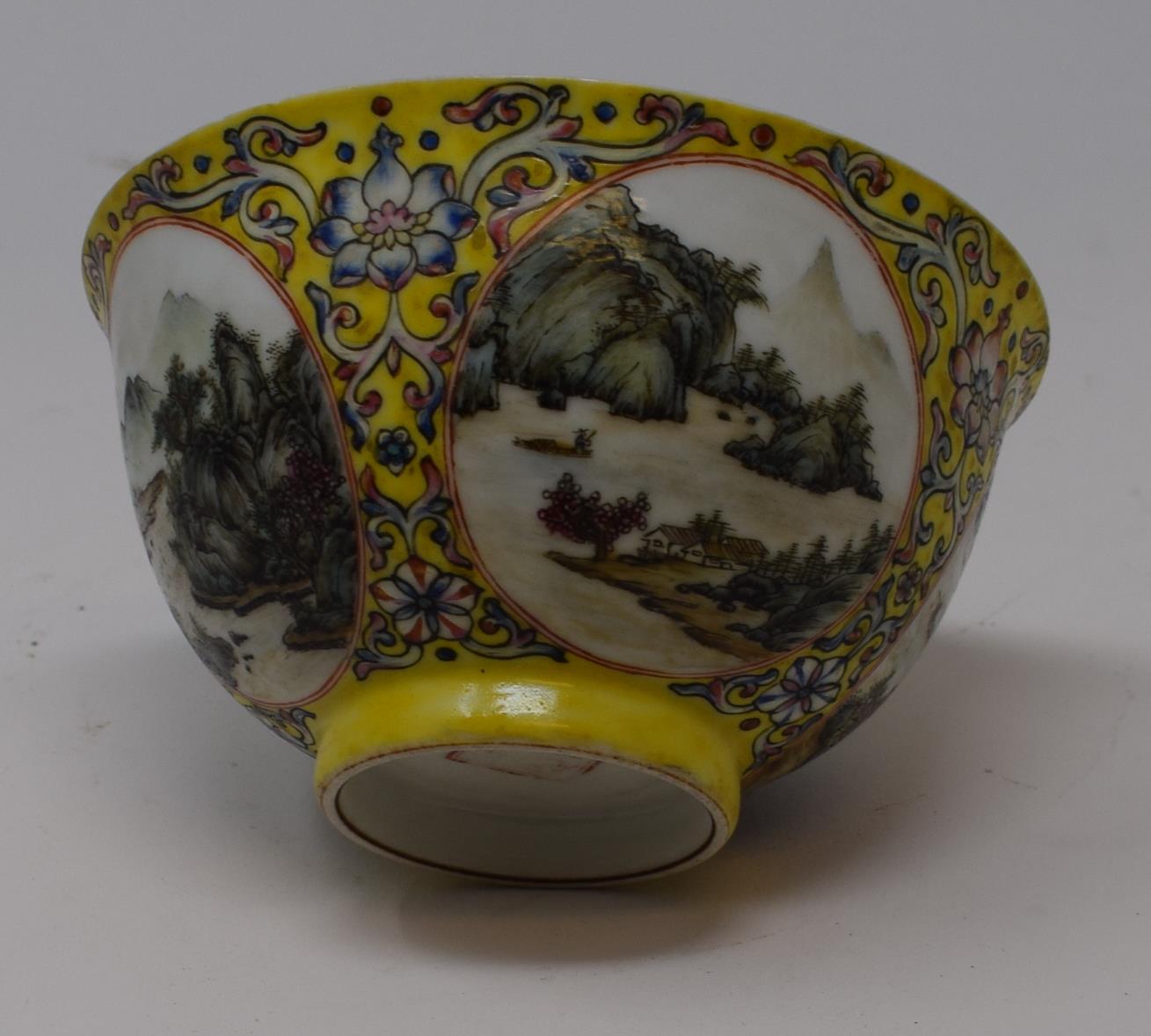 A Chinese porcelain medallion bowl, decorated vignettes of mountain scenes on a yelllow ground - Image 2 of 6