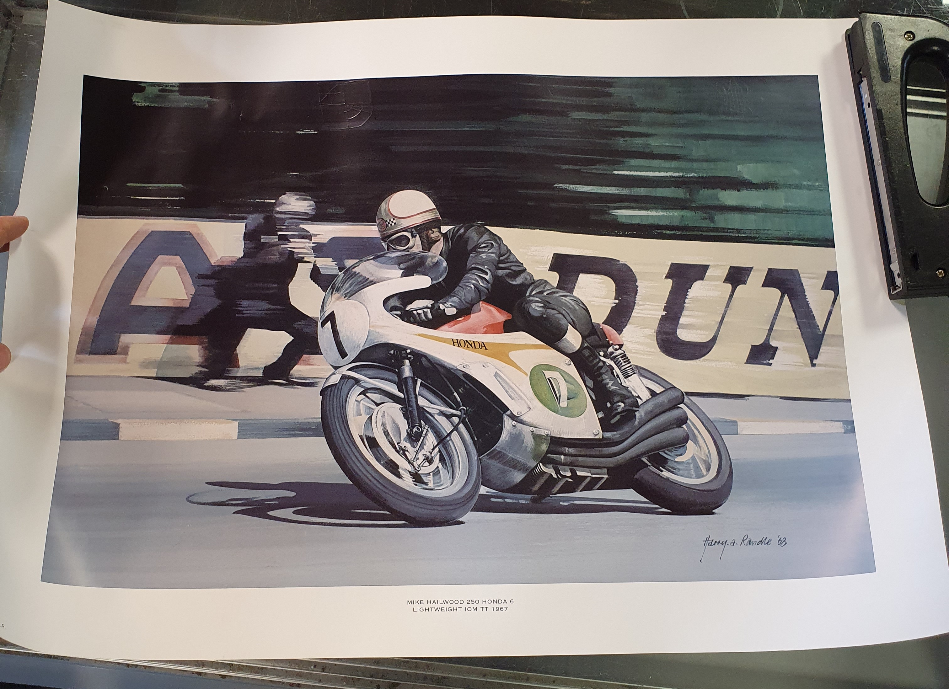 Harry A Randall coloured print, Mike Hailwood, 250 Honda 6 lightweight IOM TT 1967, and other