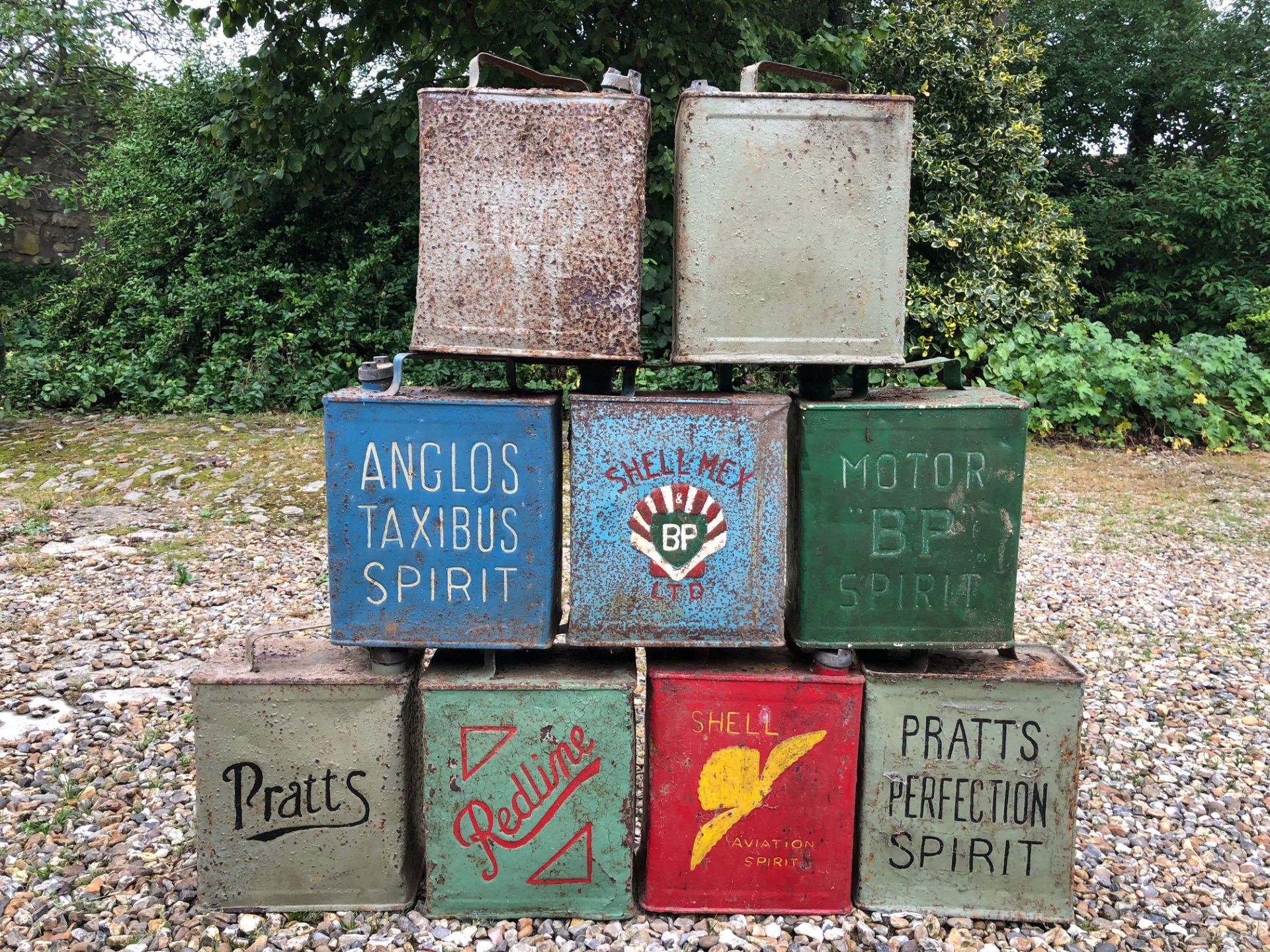 A Shell Aviation Spirit can, and eight petrol cans including BP Shell Mex Ltd, Anglo Taxibus