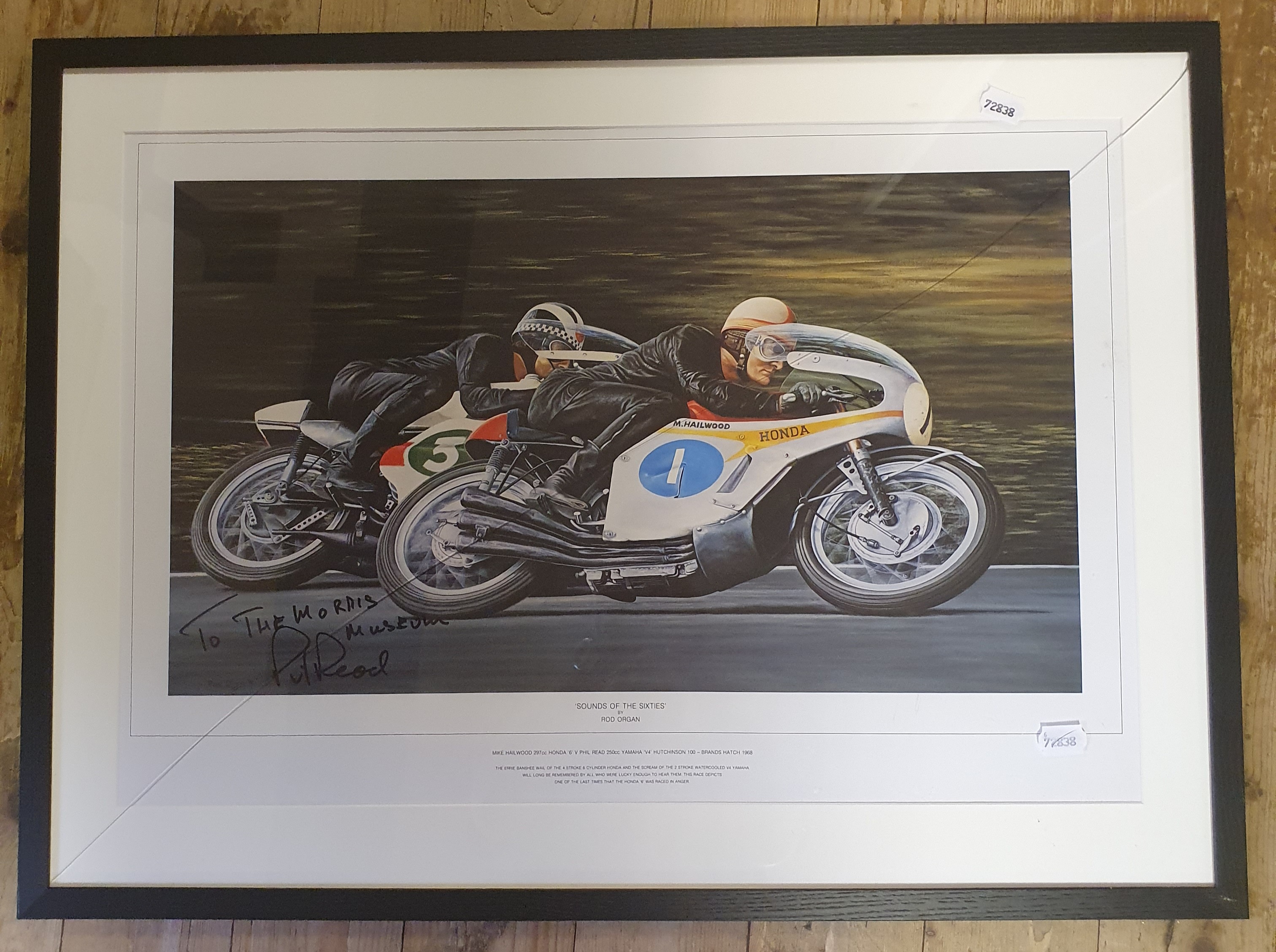 Rod Organ coloured print, Sounds of the Sixties, depicting Mike Hailwood and Phil Read dicing at