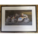 Rod Organ coloured print, Sounds of the Sixties, depicting Mike Hailwood and Phil Read dicing at