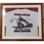 A T-shirt, signed by Giacomo Agostini and Jim Redman to the front and Geoff Duke to the back.