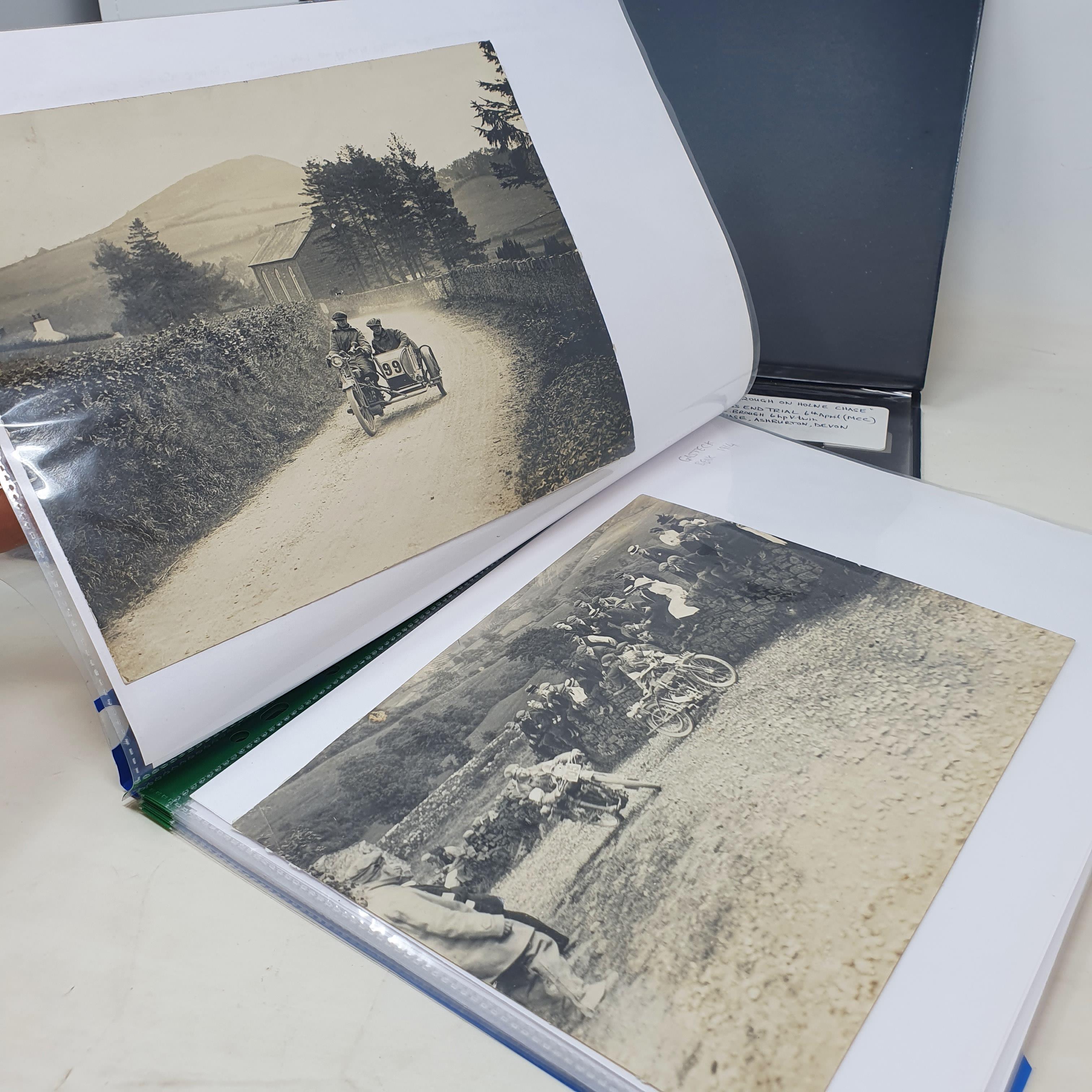 A collection of early motorcycle black and white photographs, including George Brough on Holne