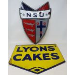 An NSU enamel sign, in the form of a shield, some chips/loss, 43 cm high x 33 cm wide, and a