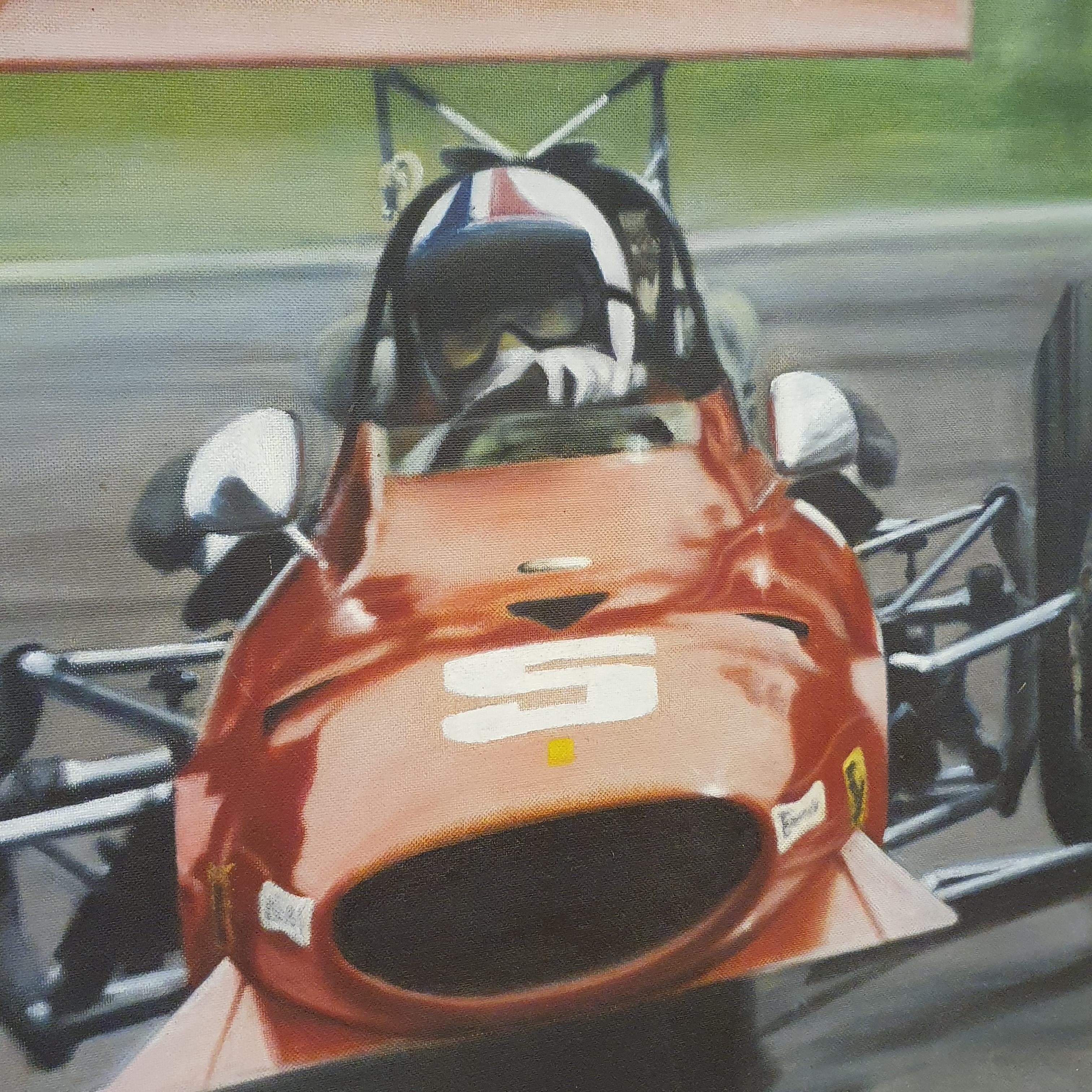 Kosh, Chris Amon drifting his Ferrari 312 Formula One GP car, oil on board, signed, 77 x 122 cm ( - Image 4 of 4