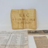 A rare RAC 4 Inch Race 1908 'Thornycroft' silk armband, and Isle of Man newspaper cuttings