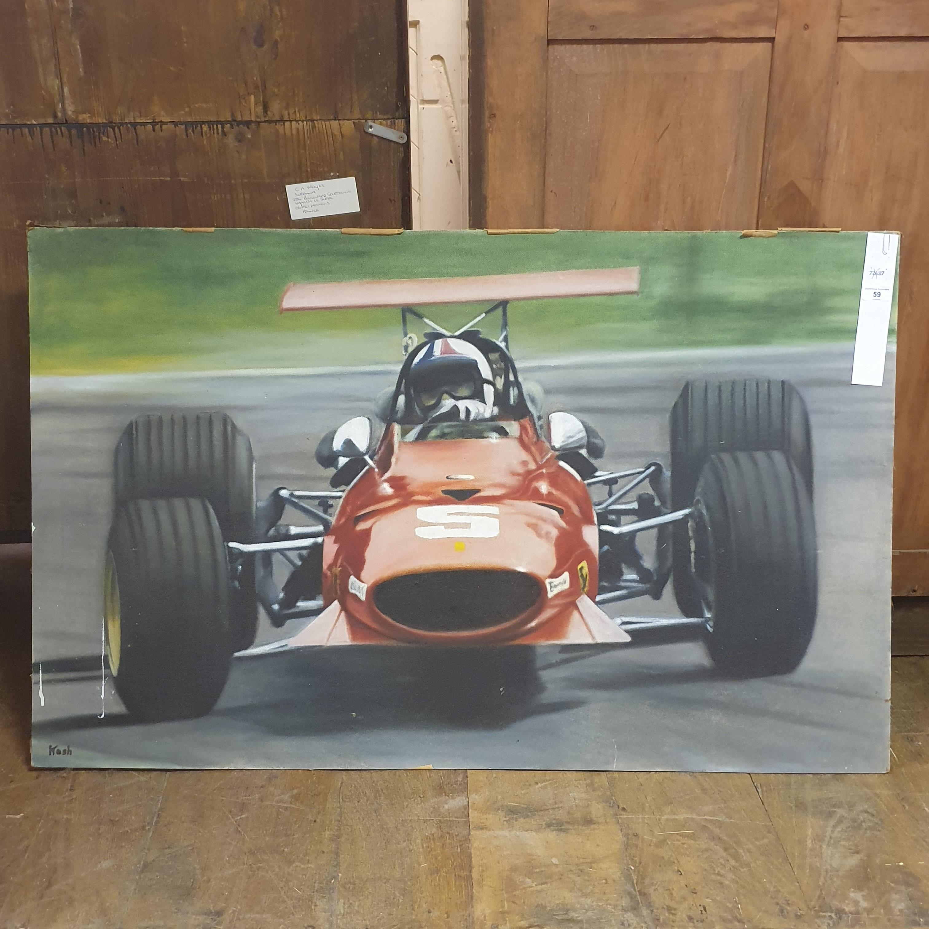 Kosh, Chris Amon drifting his Ferrari 312 Formula One GP car, oil on board, signed, 77 x 122 cm ( - Image 2 of 4