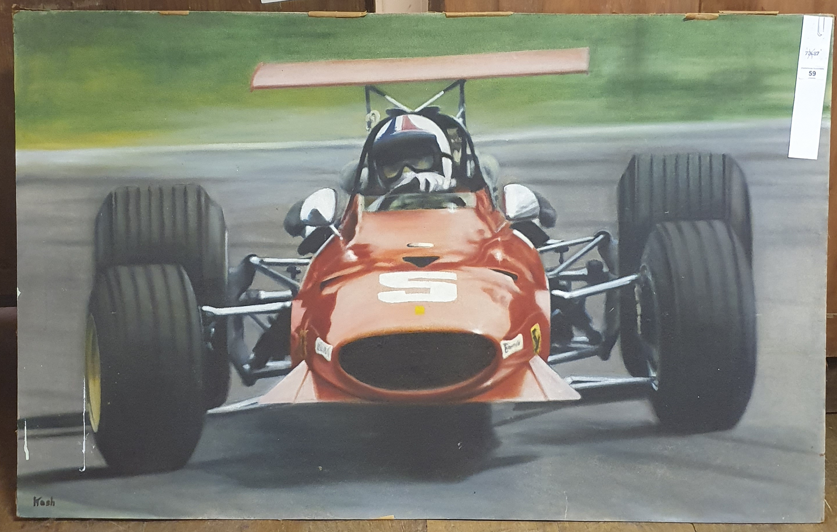 Kosh, Chris Amon drifting his Ferrari 312 Formula One GP car, oil on board, signed, 77 x 122 cm (
