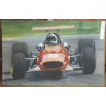 Kosh, Chris Amon drifting his Ferrari 312 Formula One GP car, oil on board, signed, 77 x 122 cm (