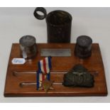 A silver plated and carved wood desk stand, with a plaque From the Wardroom Officers, H.M.S Vernon