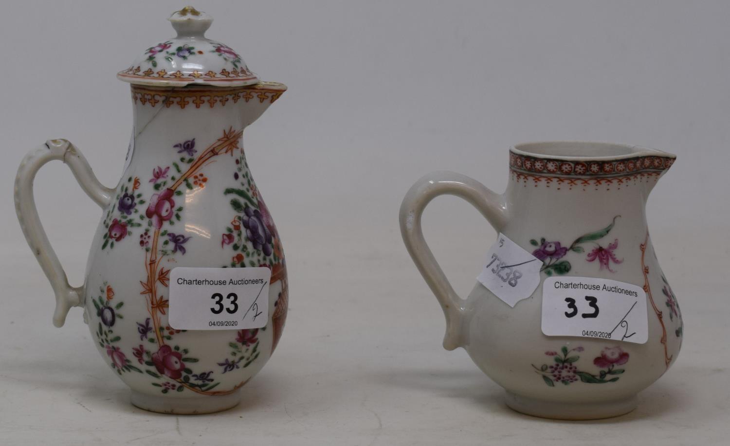 A Chinese porcelain export ware jug, 9 cm high, and a similar jug and cover, 15 cm high (2)