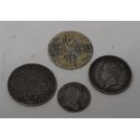 A George I shilling, 1723, and other assorted coins