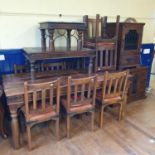 An eastern style hardwood dining table, eight matching chairs, sideboard, two coffee tables, chair