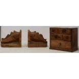 A fruitwood miniature chest of drawers, a 19th century wall clock and other items (qty)