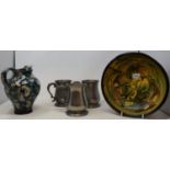 An art pottery bowl, jug , three pewter mugs, and other items (2 boxes)