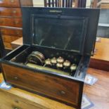 A 19th century lever wind bells and drum in sight music box, with a 30 cm cylinder, a drum and seven