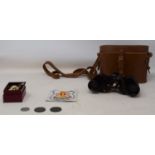 Assorted coins, a pair of field glasses, flags, a Chinese box and other items (qty)