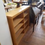 A modern oak bookcase, oak corner bureau, pair of white bookcases, and two lamps (6)