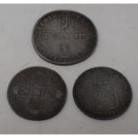 A William III crown, 1696, a William and Mary half crown, 1689, and a Queen Anne half crown, 1707, E