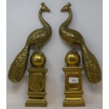 A pair of brass mounts in the form of peacocks, 44 cm high, and other brasswares (box)