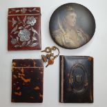 A 19th century paper mache box, painted a lady, 10 cm diameter, two 19th century tortoise cardcases,