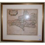 A Robert Morden hand coloured map of Dorsetshire, 26 x 33 cm