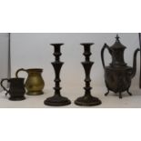 A pair of pewter candlesticks and other pewterware (box)