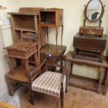 An oak gateleg table, oak bookcase, drop leaf table, two sides tables, pair of bedside stands,
