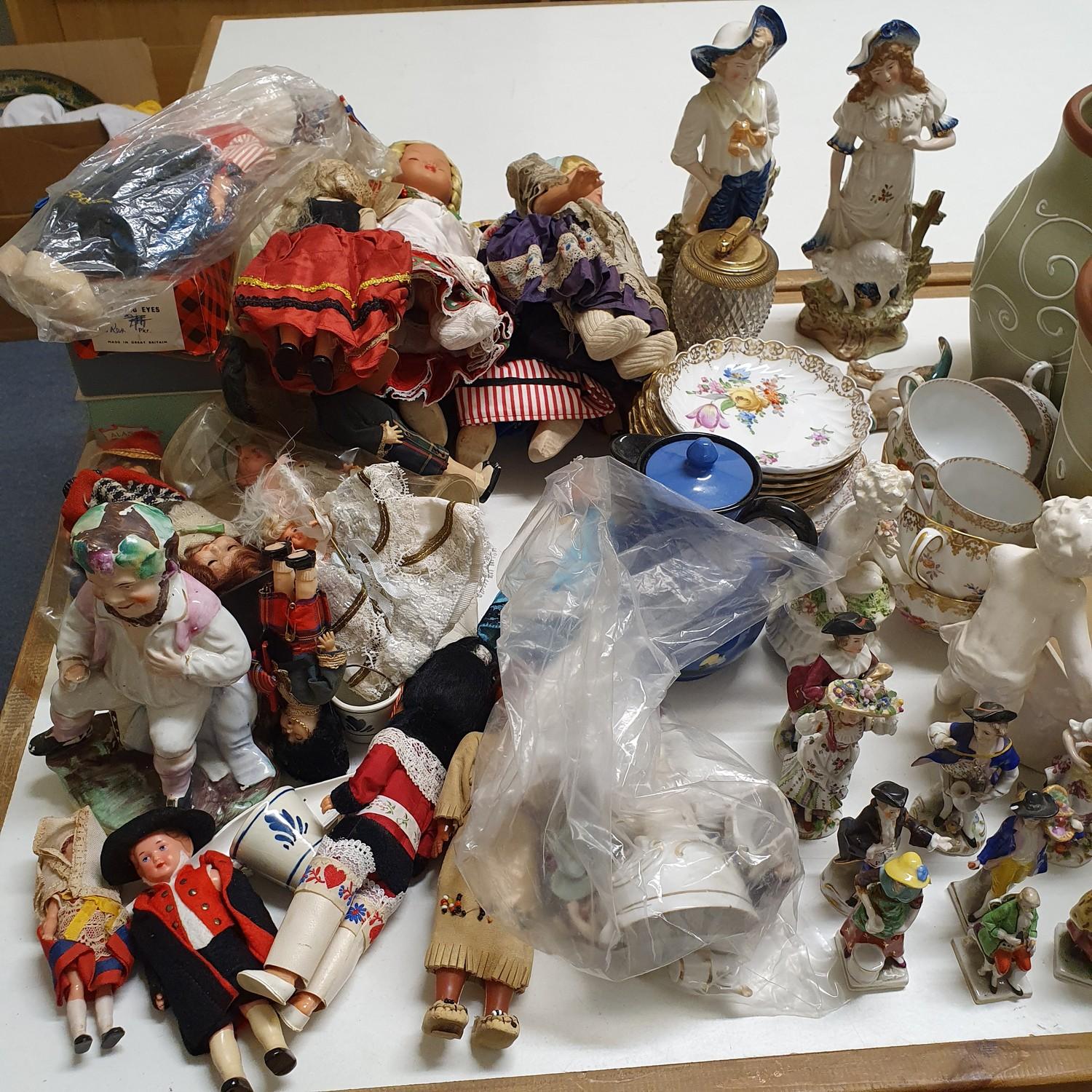 A Denby ware vase, various ceramics, dolls, and other items, (8 boxes)