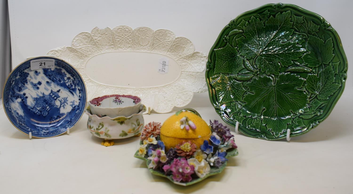 A 19th century Dresden floral encrusted box, and other 19th century and later ceramics (qty)