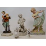 An early 20th century bisque figure of a young girl, 30 cm high, and other figures (box)