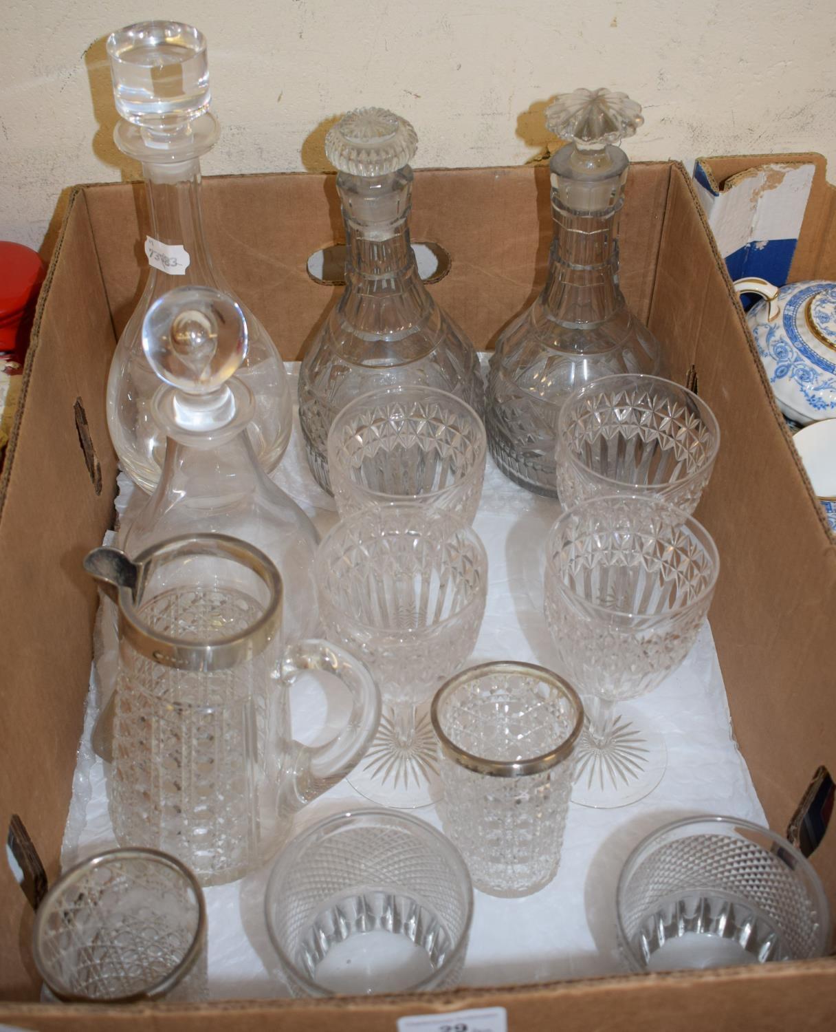 A pair of 19th century glass decanters, a cut glass jug and matching beaker with silver rim and - Image 2 of 2