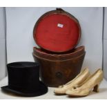 A 19th century moleskin top hat by Tress & co London, in period leather traveling case, and a pair