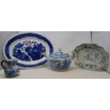 A 19th century blue and white meat plate and a collection of 19th century and later blue and white