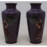 A pair of cloisonne vases, purple ground decorated with figures, 16 cm high, and a box and cover (3)