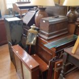 An oak drop leaf table, wall hanging cabinet, and other items (qty)