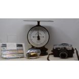**This lot has been withdrawn** A set of Salter's Postal scales, a Minotla Camera, in leather
