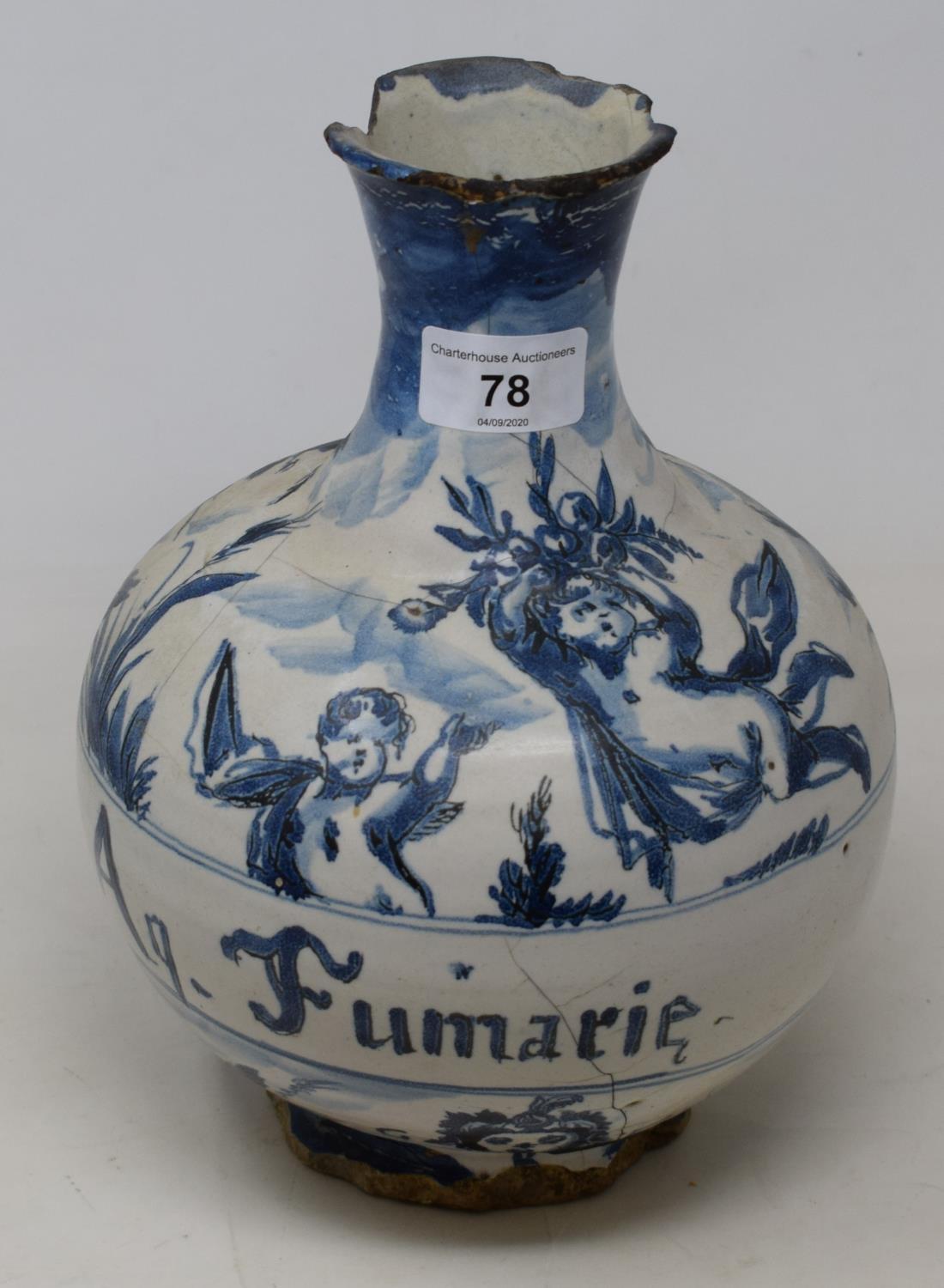 An 18th century Italian majolica wet drug jar, Ag Fumarie, 22 cm high See images , Various glaze