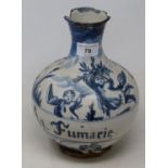 An 18th century Italian majolica wet drug jar, Ag Fumarie, 22 cm high See images , Various glaze